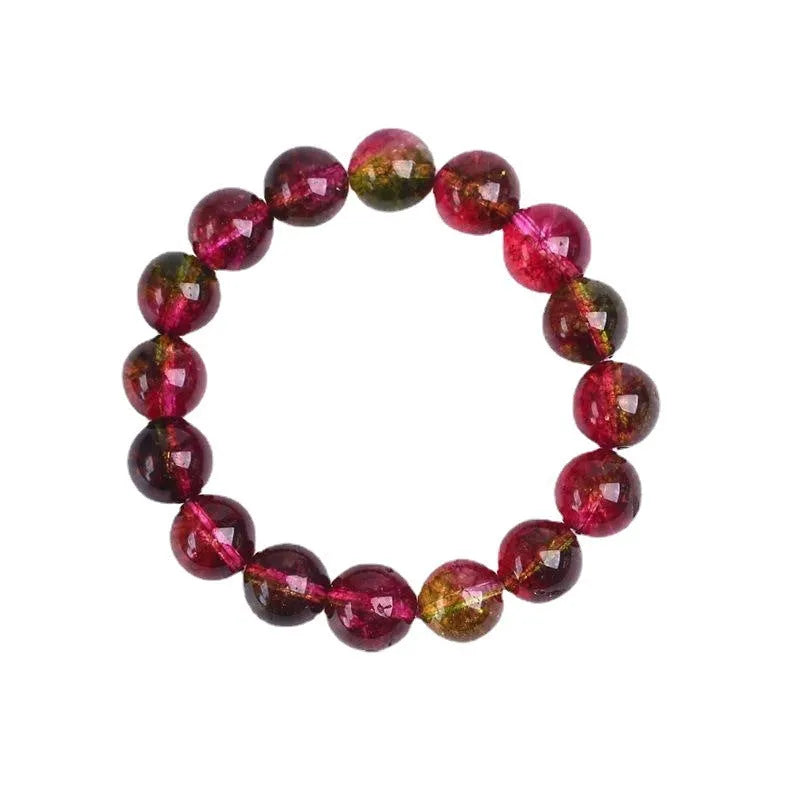 Women's handmade watermelon crystal bracelet on wrist, showing pastoral style and available bead sizes.