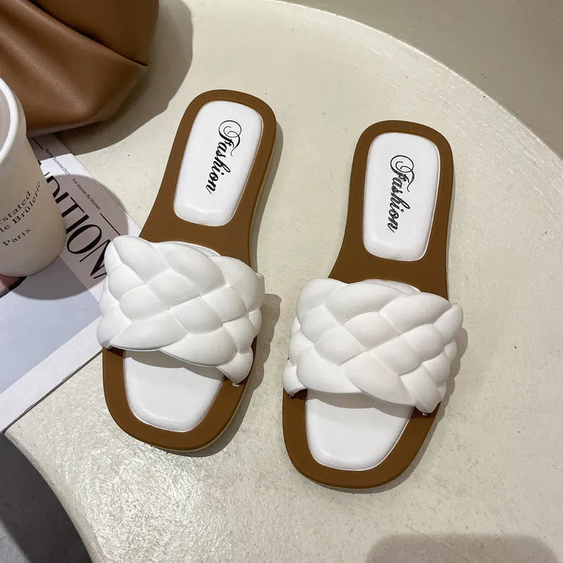 Women's casual plaid PVC beach sandals with a thick anti-skid sole in white.