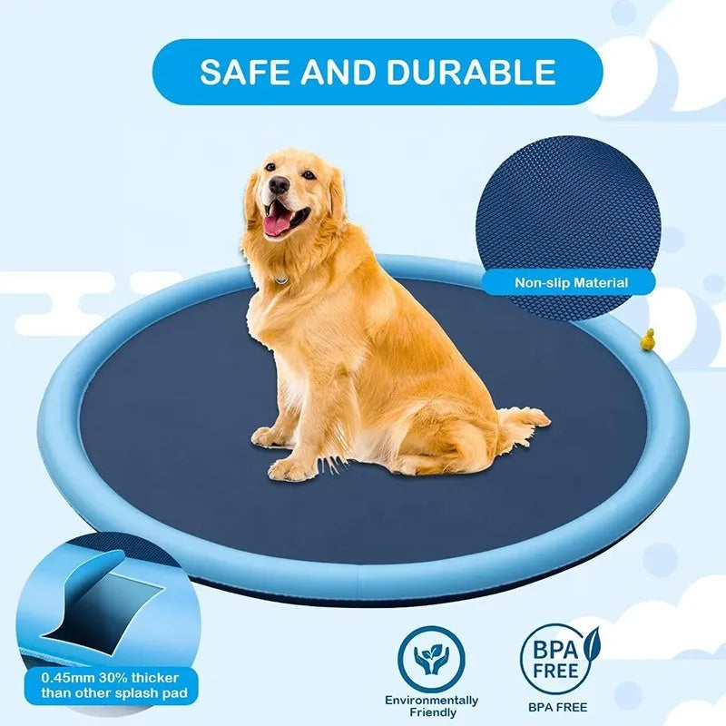 Outdoor dog sprinkler splash pad with anti-slip mat surface showing three diameter size options