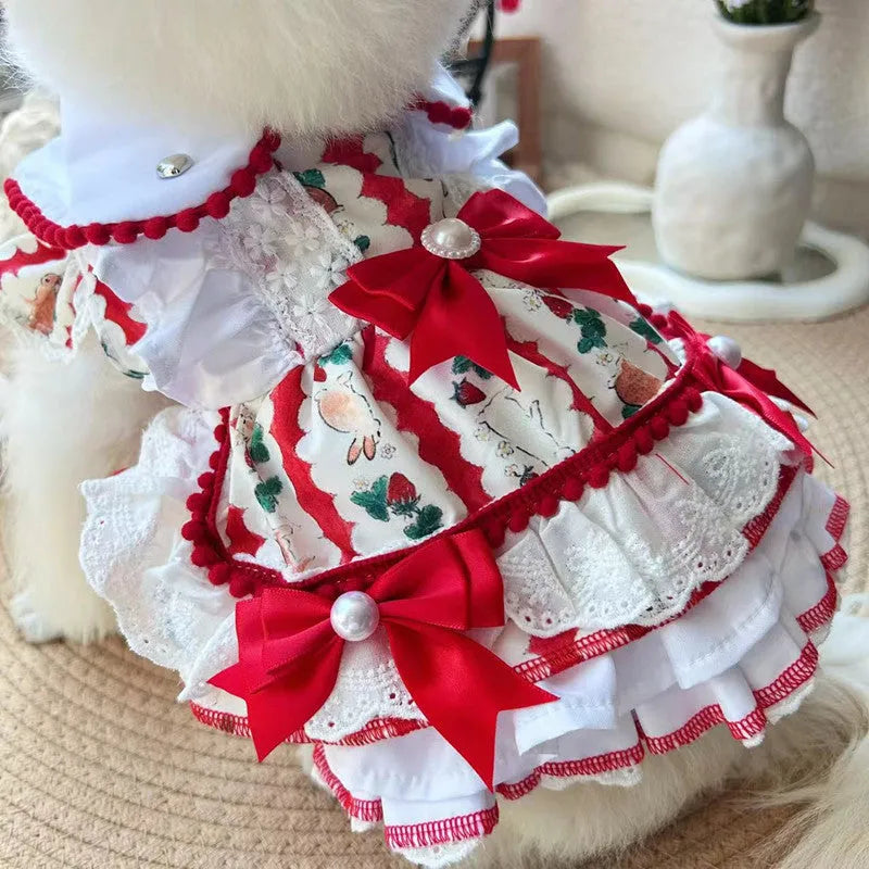 Princess style rabbit skirt dog dress made of polyester for small dogs, shown in sizes XS to XL.