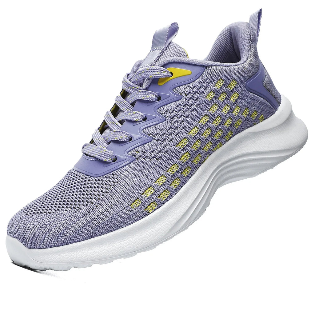 Women's Lavender Purple Flyknit running shoes with mesh upper and striped pattern on an EVA sole.