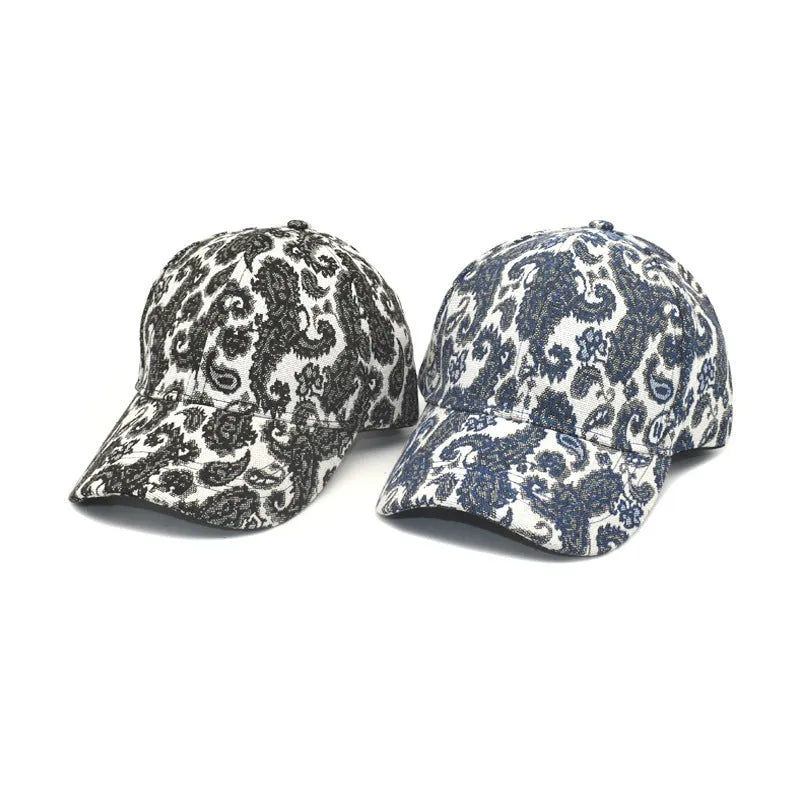 Baseball cap with paisley pattern print in blue colour showing dome crown design