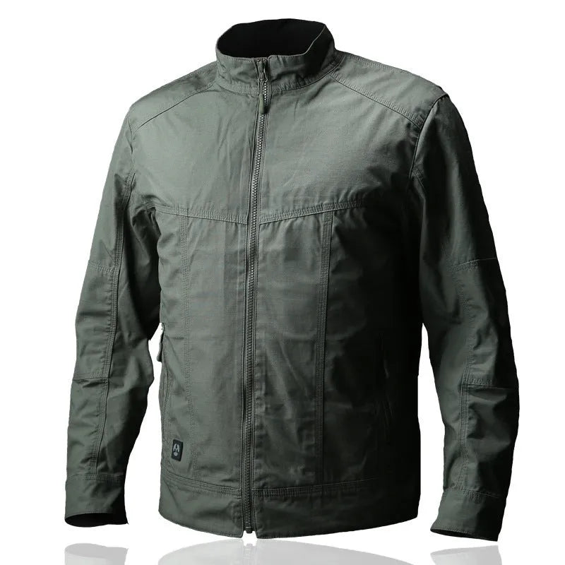 Men's brown camouflage military-style jacket with multiple pockets on a mannequin.