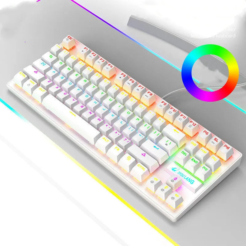 Black and white mechanical gaming keyboard with coloured key options on a desk.