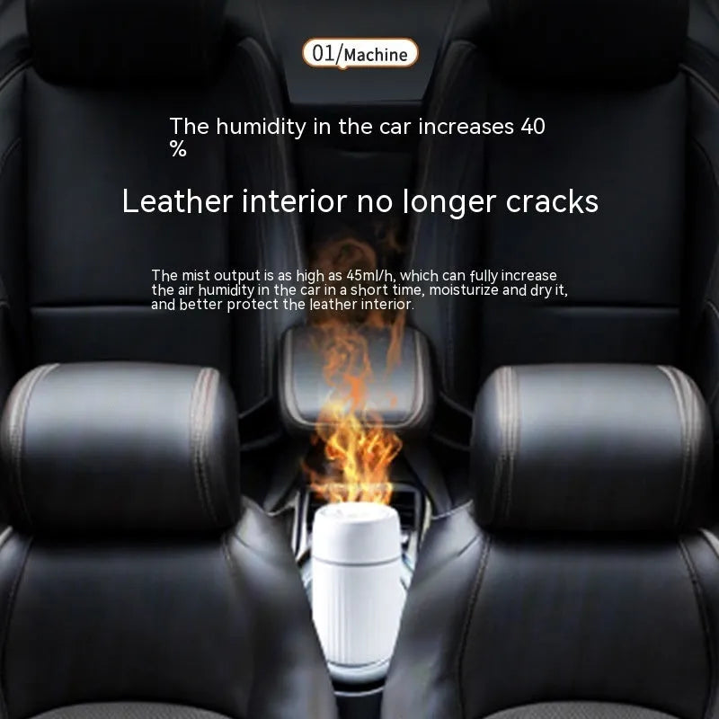 Car simulation flame aroma diffuser with USB cable, measuring 70x70x143mm in black or white plastic