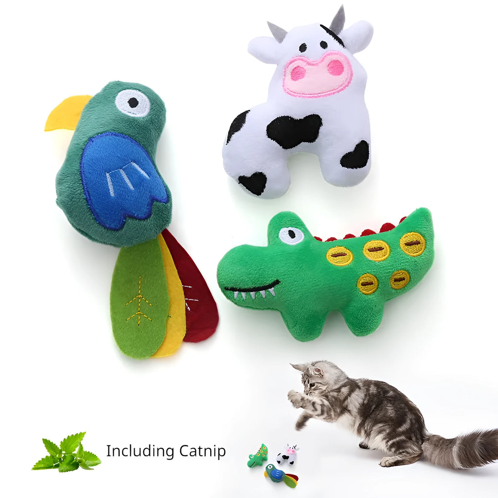 Soft plush cat toy shaped like a cow, crocodile, or parrot with catnip for interactive play.
