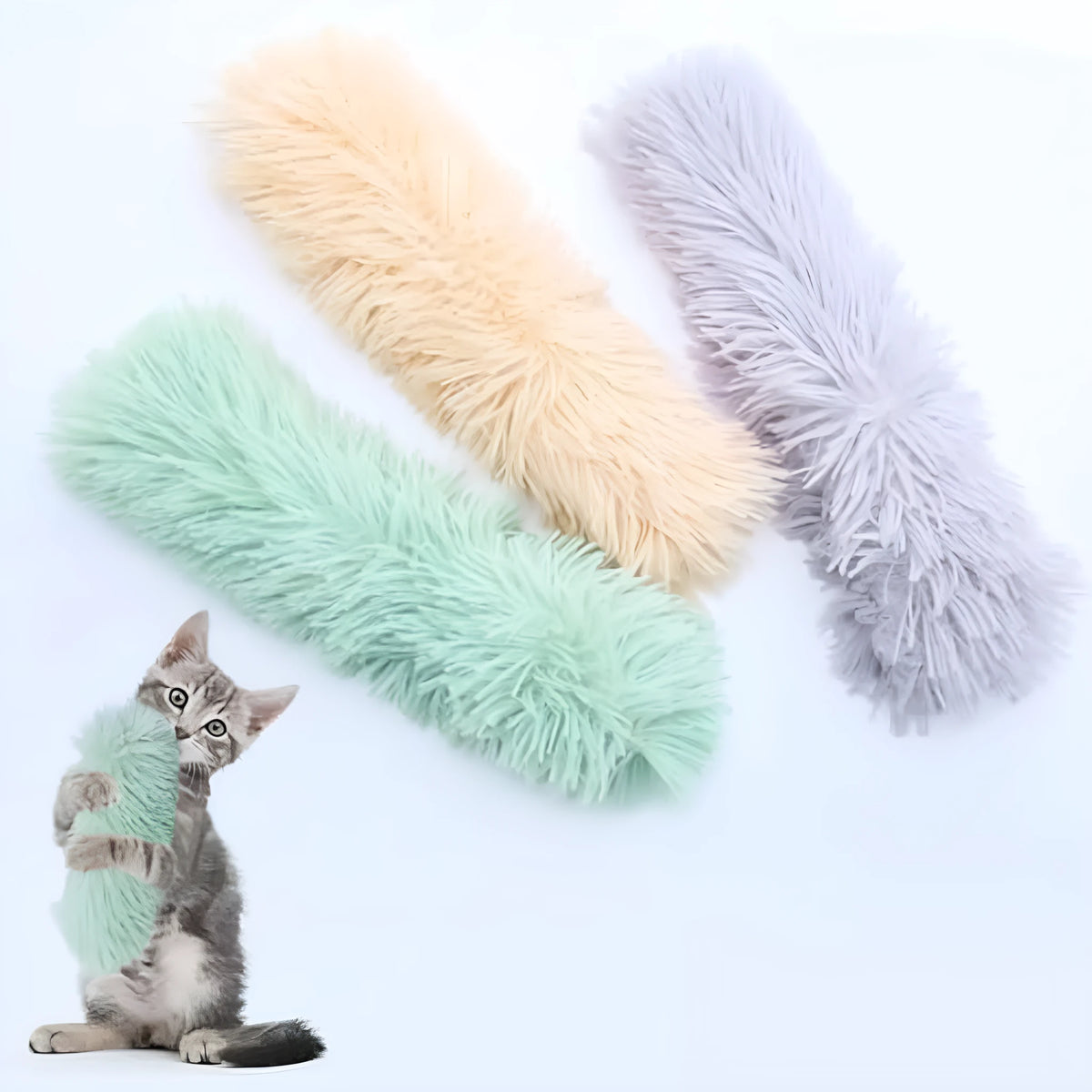 Interactive cat toys with catnip pillows in various colours including white, blue, gray, green, pink, and yellow options