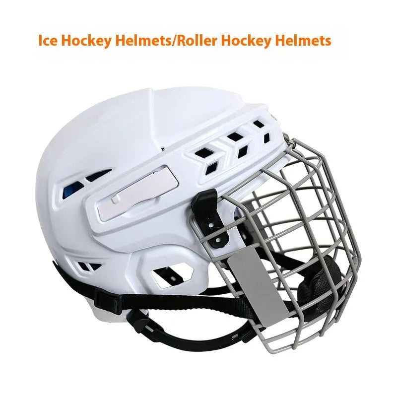 Ice hockey helmet with a carbon steel face mask, shown in a sports setting.