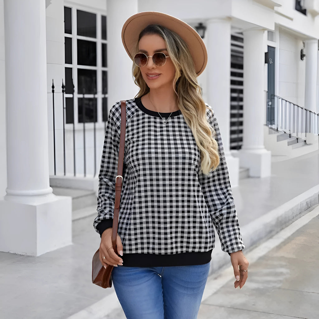 Black Japanese plaid pullover long sleeve sweater with printed pattern