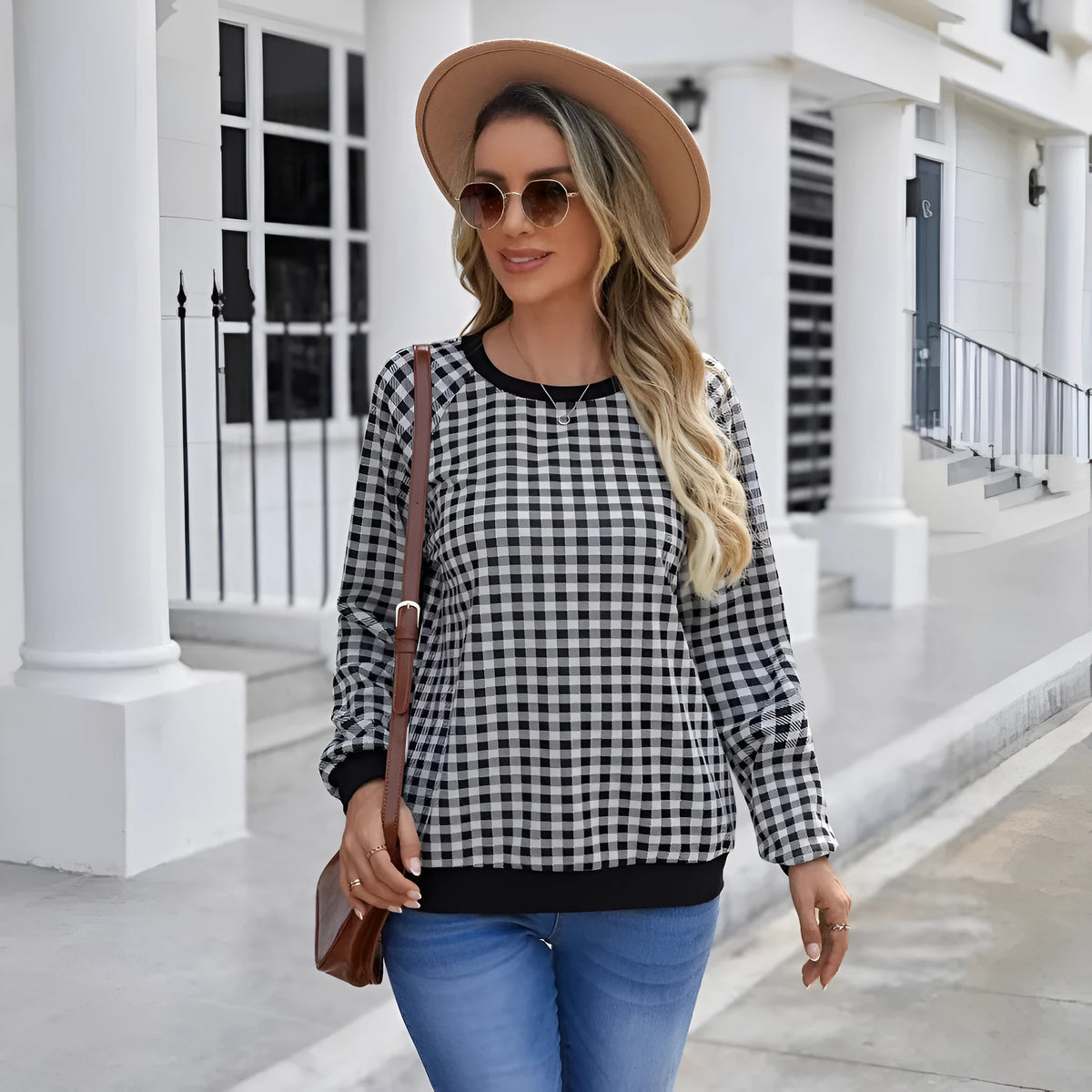 Black Japanese plaid pullover long sleeve sweater with printed pattern
