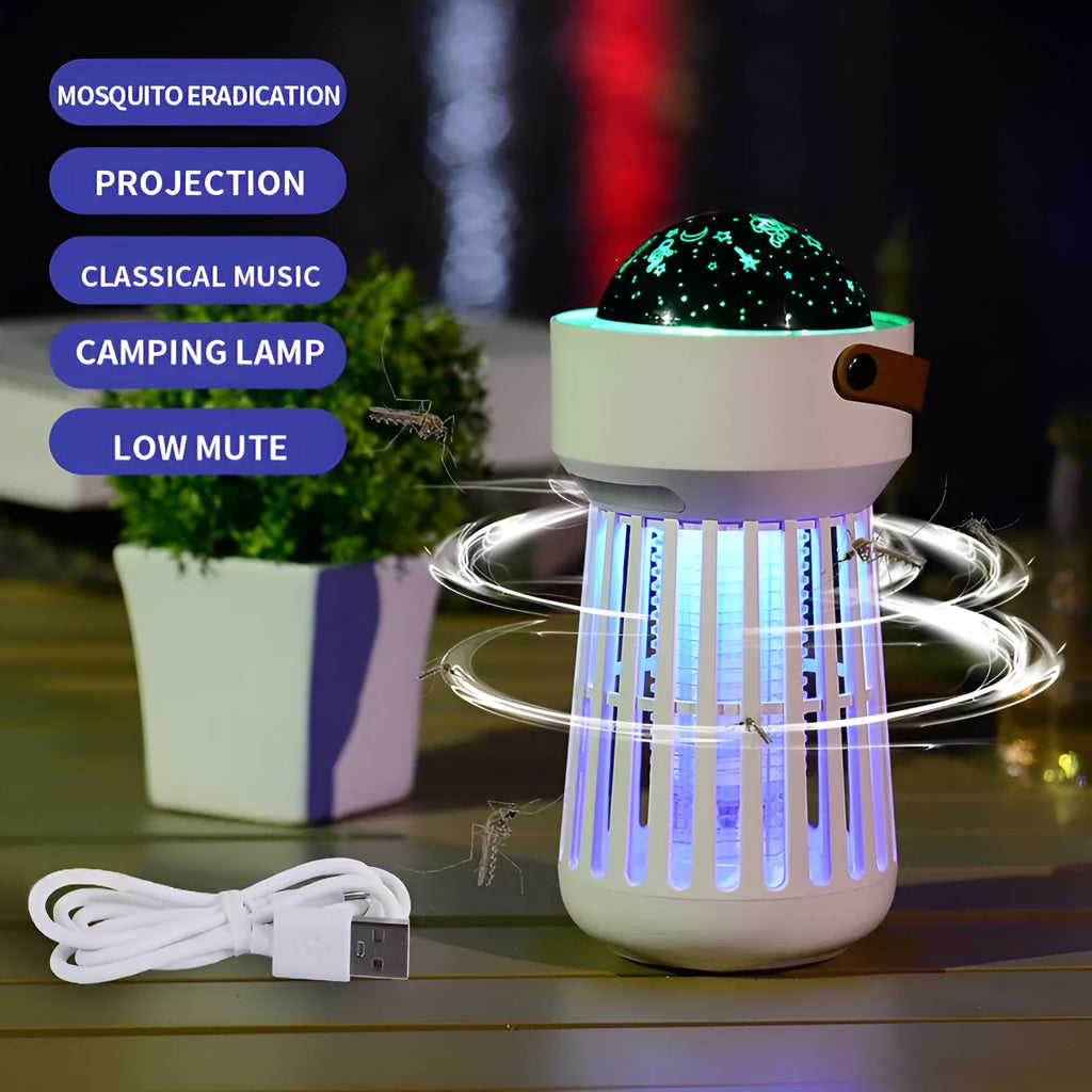 White 2 in 1 electric mosquito killer lamp with star ceiling projection, Ni-Zn-Fe mesh, ABS shell, USB rechargeable, folding handle
