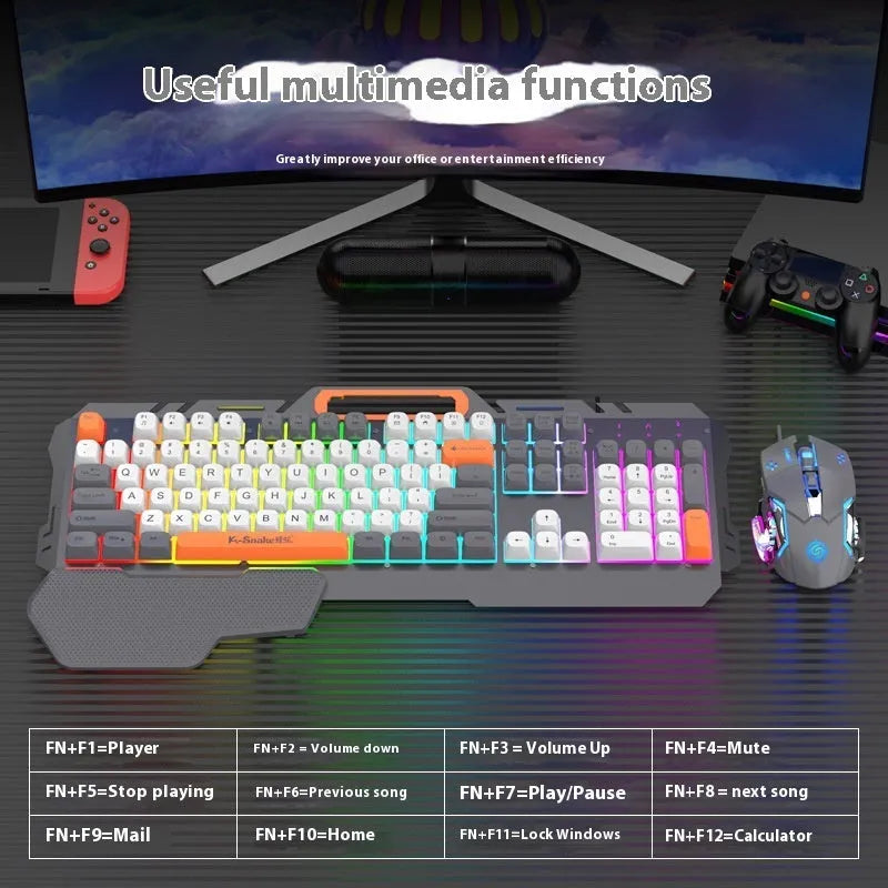 Blue wired gaming keyboard and mouse set with backlit keys on desktop