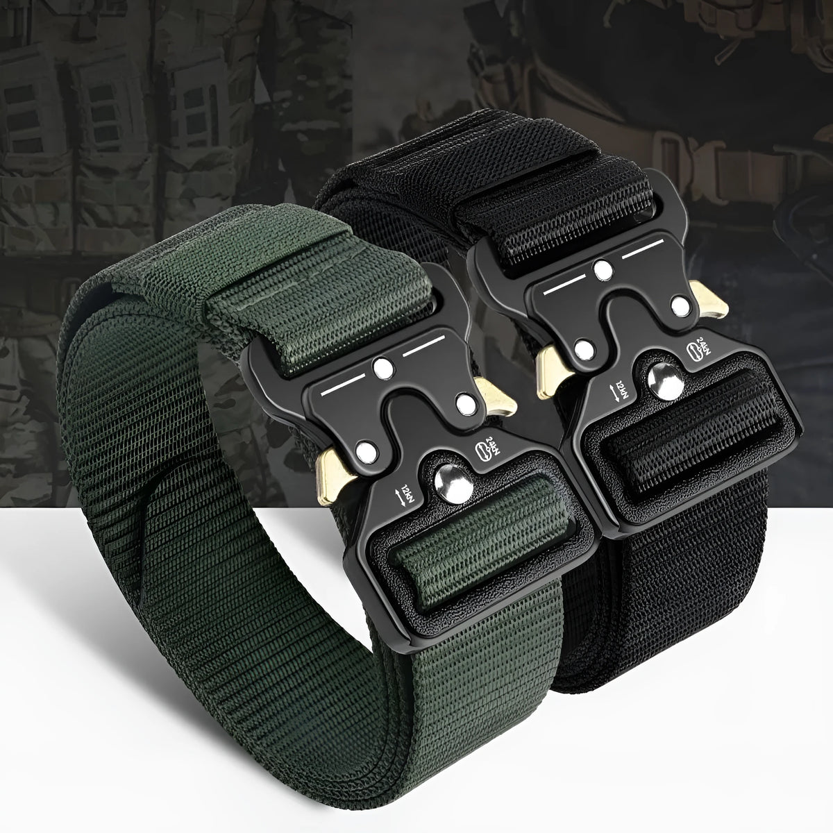 Men's thick woven canvas tactical belt with an alloy release buckle, shown in Army Green colour.