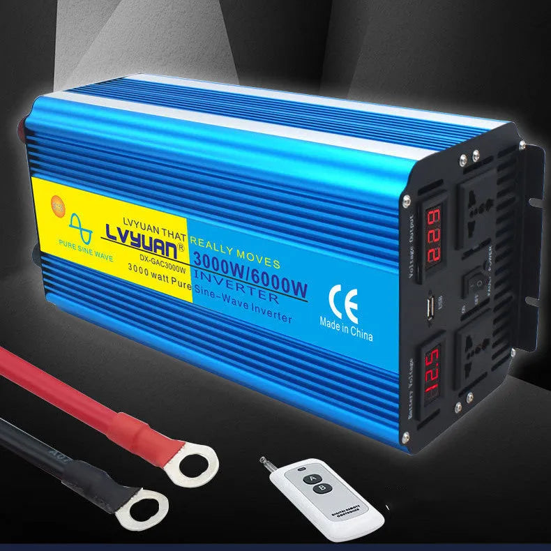 Blue 3000W 6000W dual display car power inverter with remote control and UK plug socket.