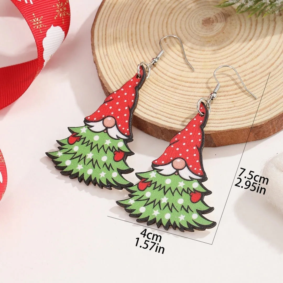 Wooden Christmas earrings with printed geometric Santa Claus designs in Christmas tree and water drop snowman styles