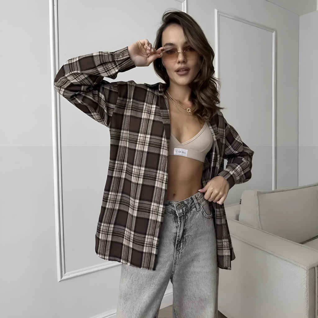 Women's dark brown striped long sleeve shirt with retro styling and collage stitching detail