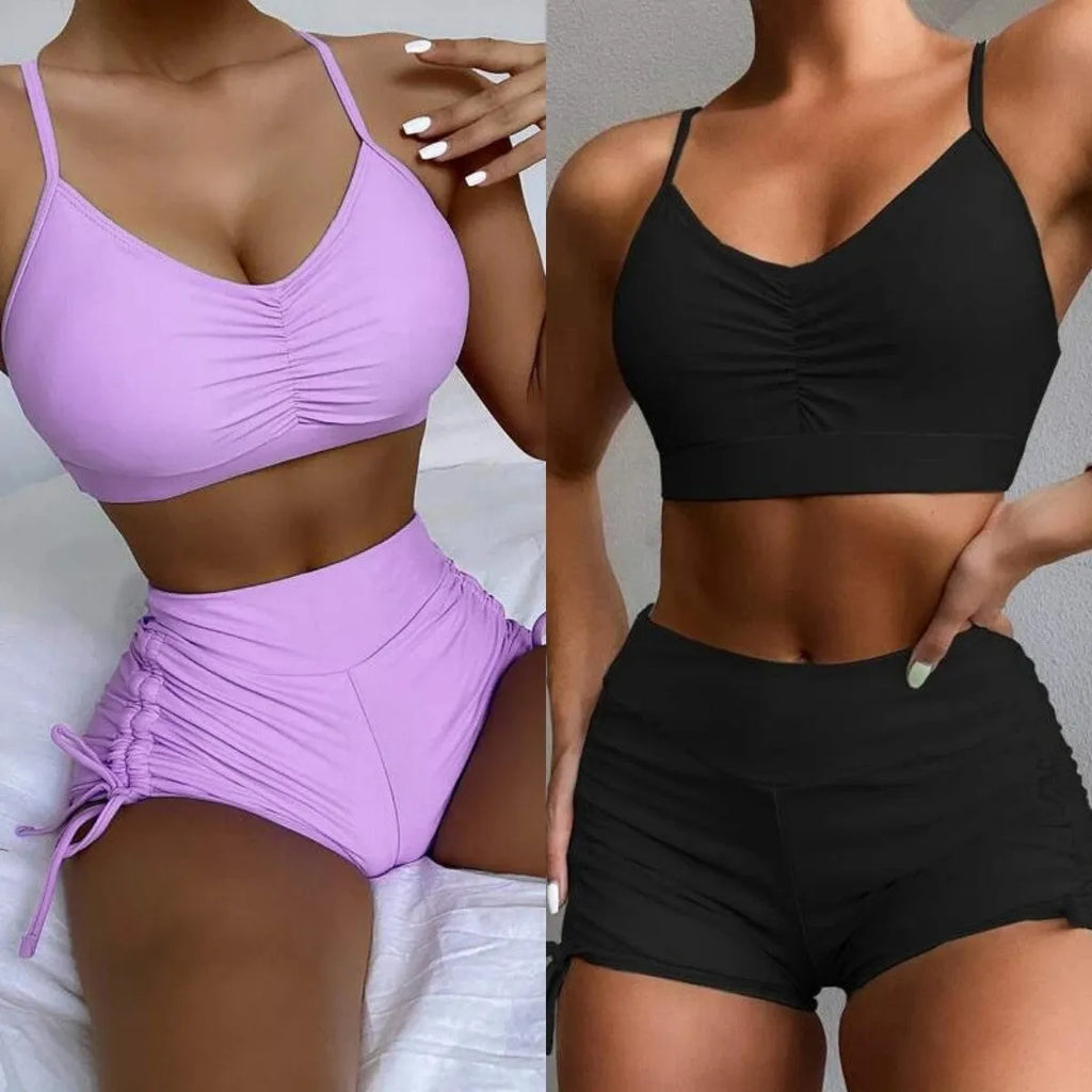 Women's purple high-waist split swimsuit with sleeveless design for swimming and surfing