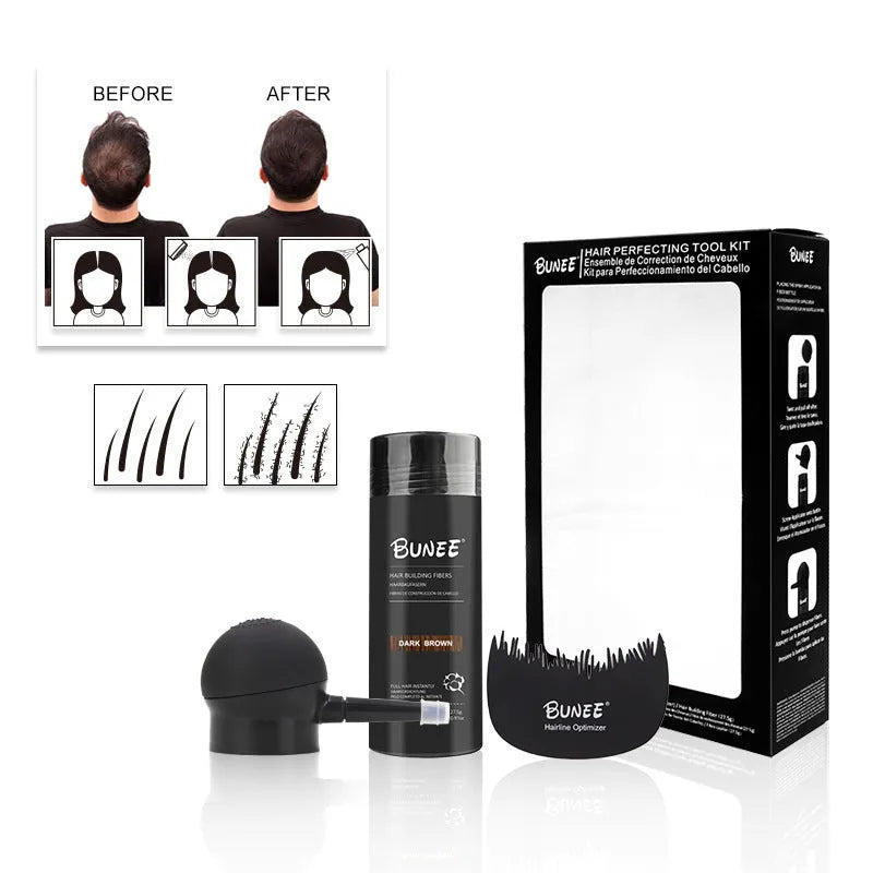 Dense hair fibre powder three-piece set with bottles for hair thickening application