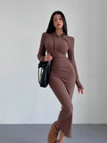 Women's long sleeve hooded sheath dress in polyester fabric showing high waist design
