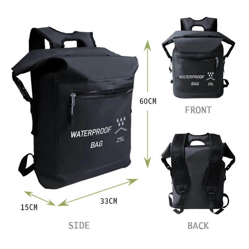 Black 25L waterproof dry bag backpack for swimming river tracing and rafting