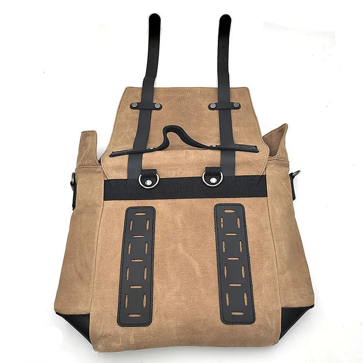 Canvas and cowhide motorcycle side pannier pack with waterproof construction