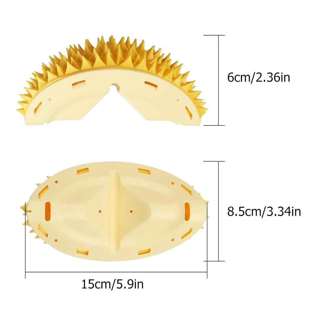 Yellow durian shaped cat corner scratcher with textured massage comb surface