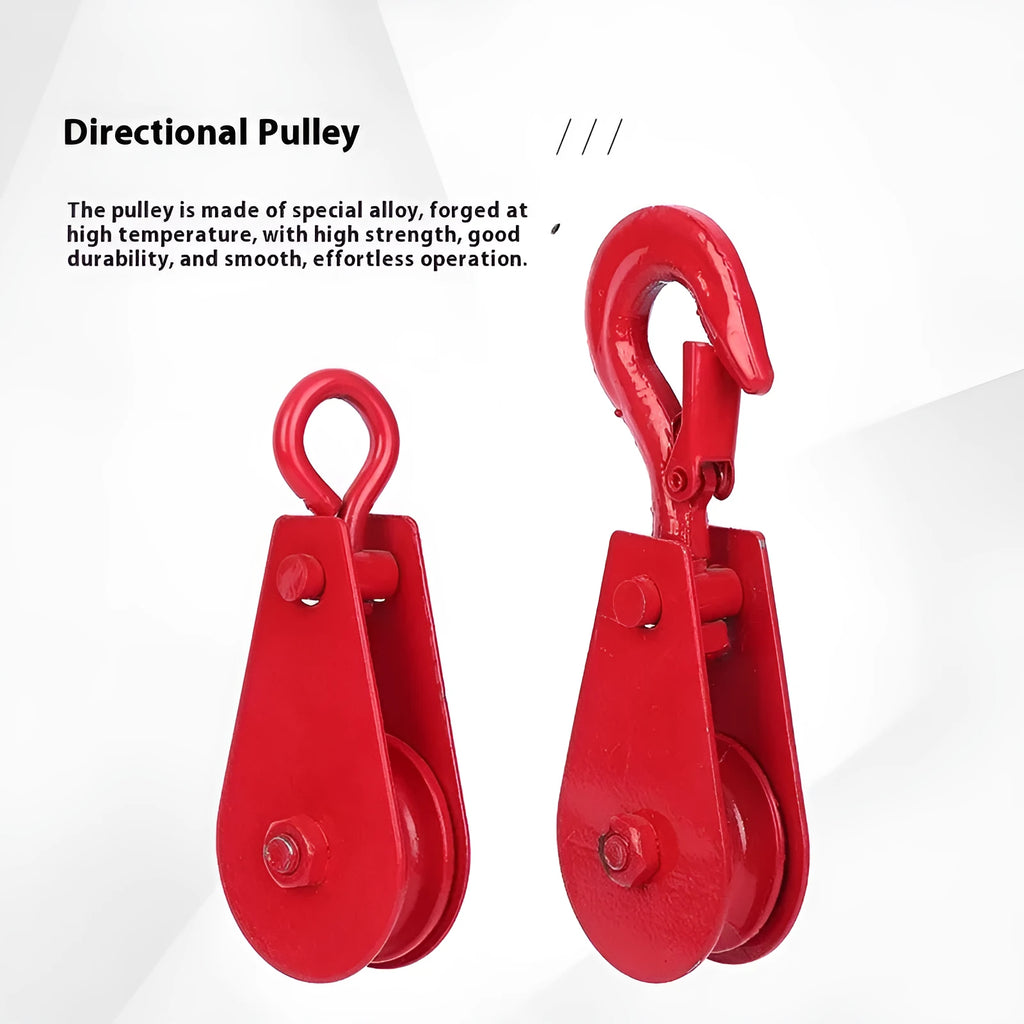 Red single sheave industrial lifting pulley with ring hook and safety latch.