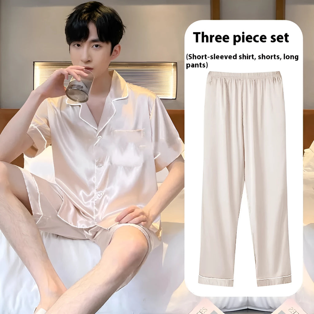 Men's ice silk three-piece homewear set in a thin fabric, showing the suit, shorts, and trousers in multiple colour options.