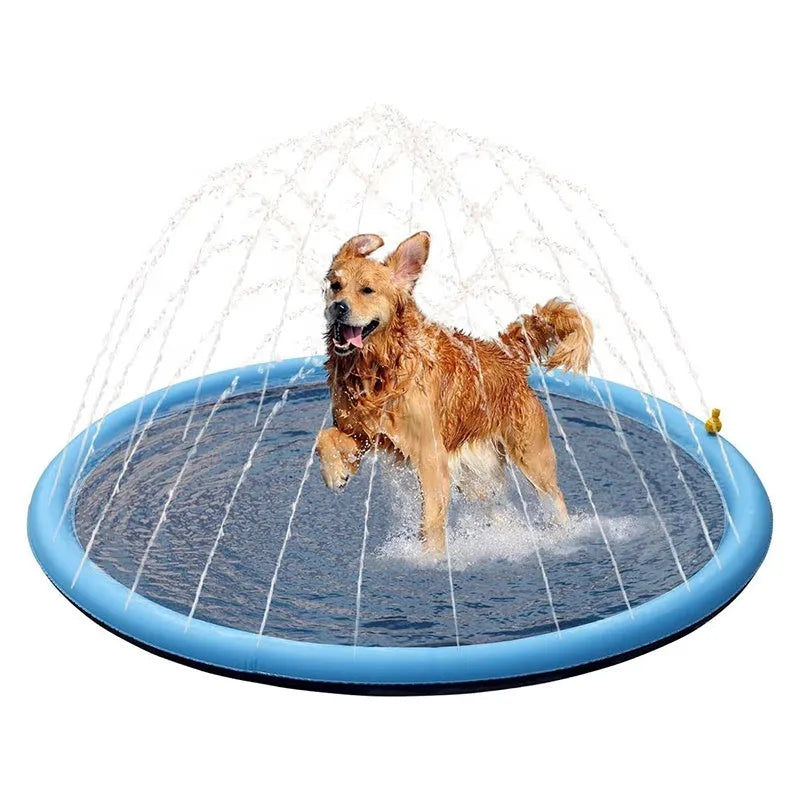 Outdoor dog sprinkler splash pad with anti-slip mat surface showing three diameter size options