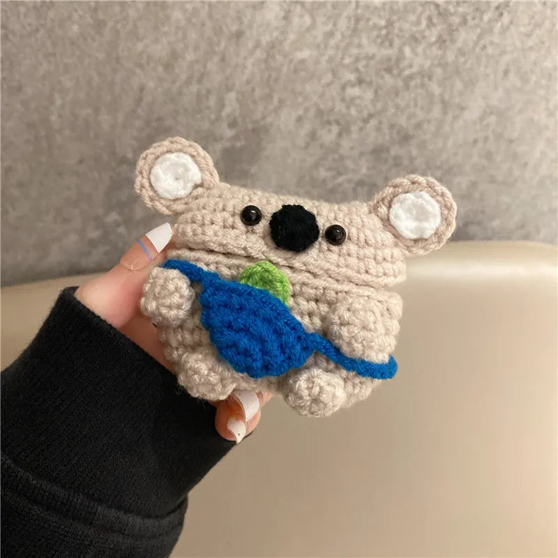 Hand knitted koala bear backpack design AirPods protective sleeve for wireless earbud charging case