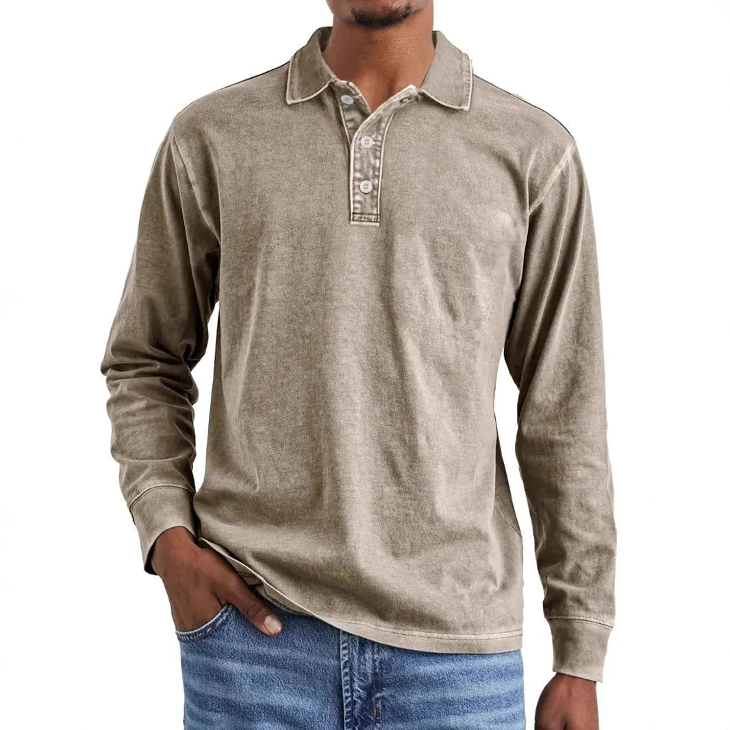 Retro styled long sleeve polo shirt with a distressed lapel, shown in army green colour
