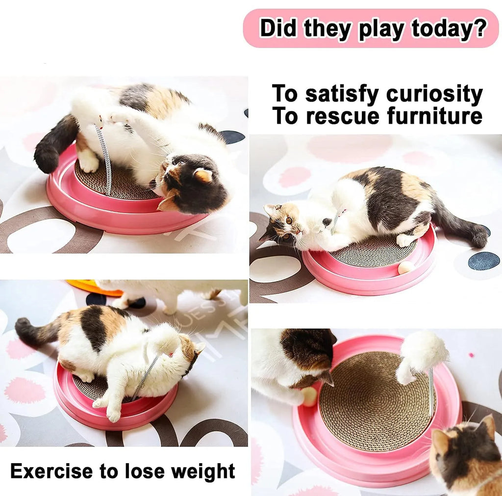 Blue interactive cat scratcher with circular ball track and replaceable scratch pad