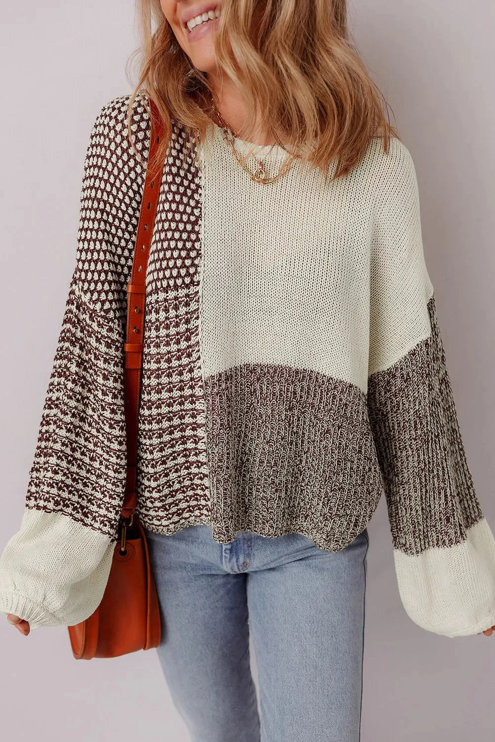 Dark khaki loose sweater with colour block pattern and back tie detail, drop shoulder design