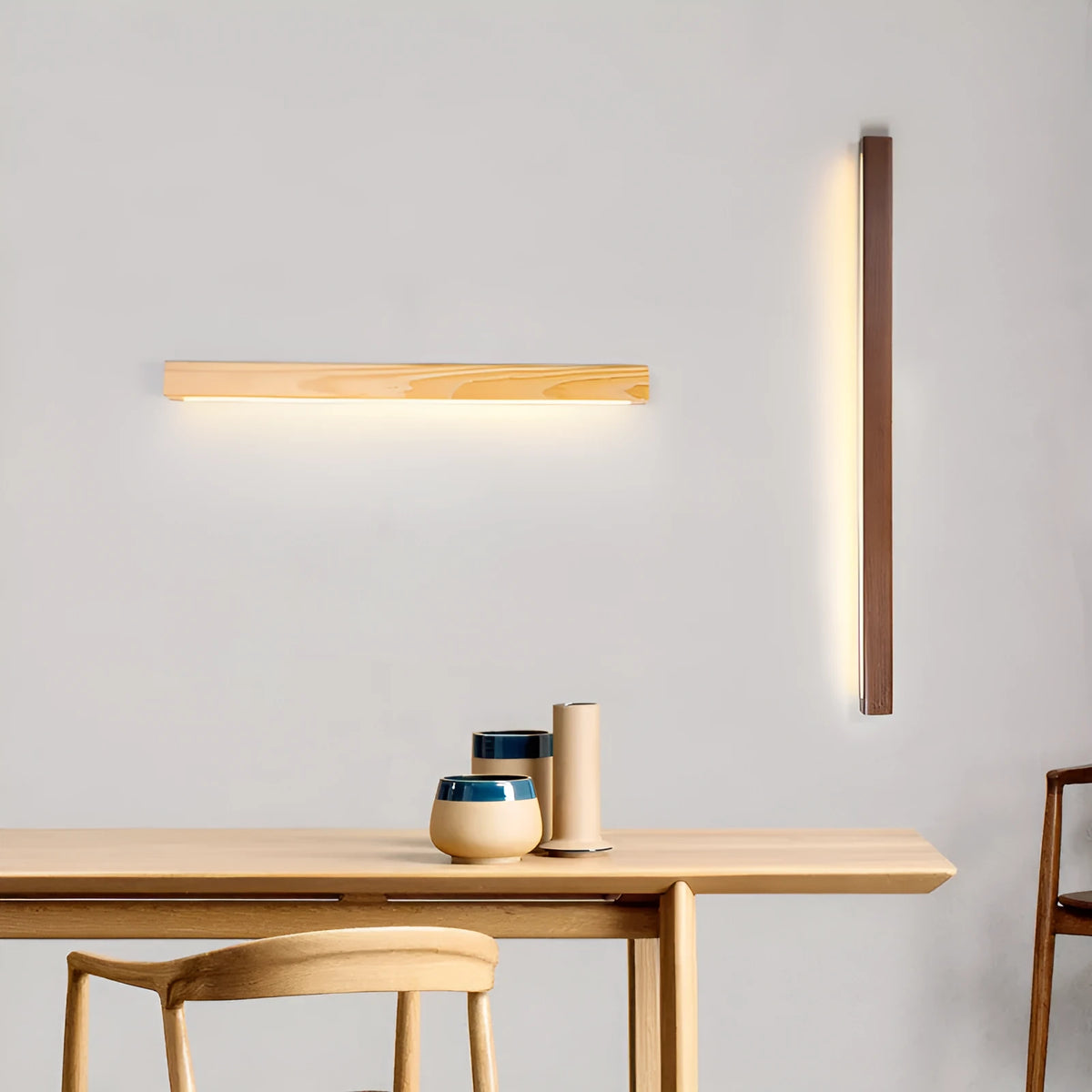Walnut colour wooden strip wall lamp with LED lighting in minimalist design