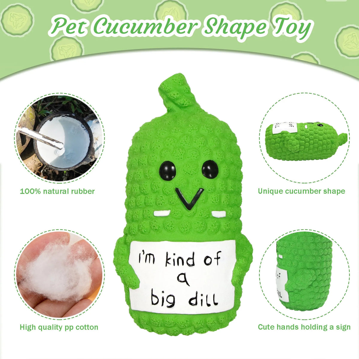 Green pickle squeaky dog toy with textured surface for teeth cleaning