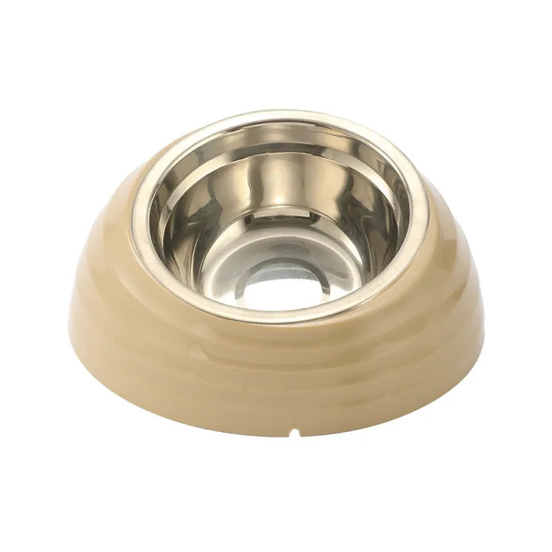 Stainless steel cat bowl in a plastic base, shown in beige colour option
