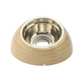 Stainless steel cat bowl in a plastic base, shown in beige colour option