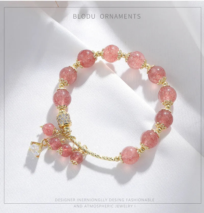 Pink crystal women's bracelet with heart-shaped strawberry quartz beads and natural pearl accents