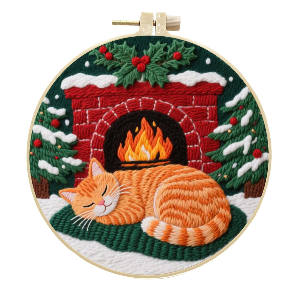 Cat embroidery DIY kit showing autumn fruit patterned cotton linen fabric with imitation bamboo embroidery frame