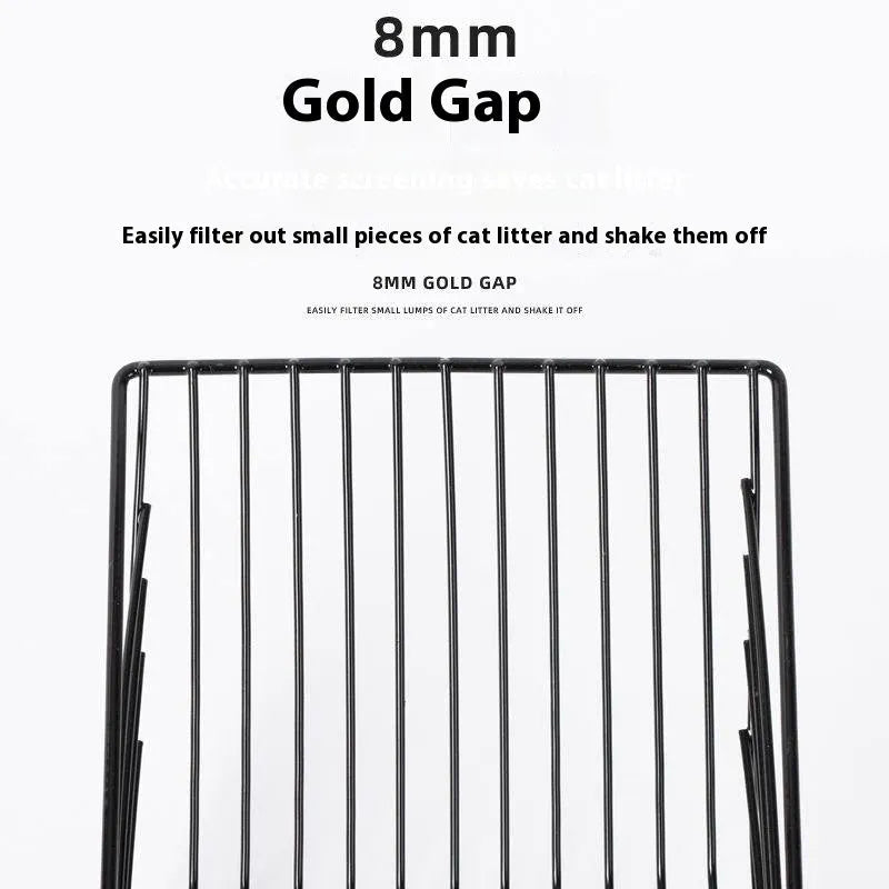 Black metal cat litter scoop with 0.8cm gaps between alloy tines