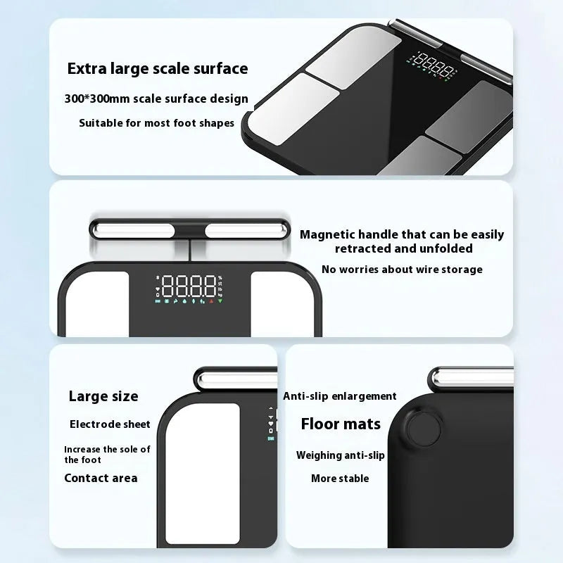 Black electronic body composition scale with tempered glass platform and colour display showing measurements