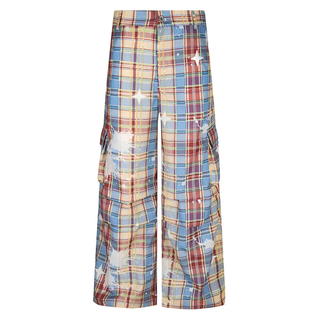 Men's blue and yellow plaid retro overalls with straight-leg trousers design and mid-waist fit