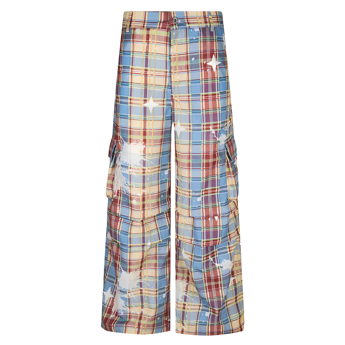 Men's blue and yellow plaid retro overalls with straight-leg trousers design and mid-waist fit