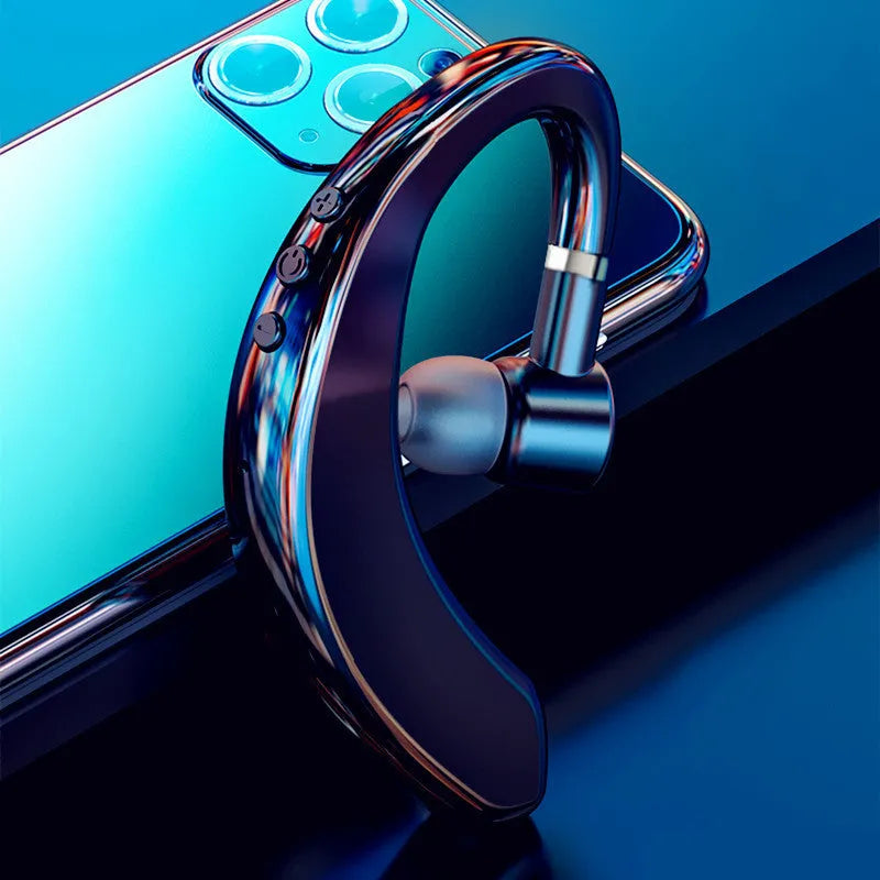 A single black wireless Bluetooth headset with an in-ear design, shown rotated for right or left ear wear.