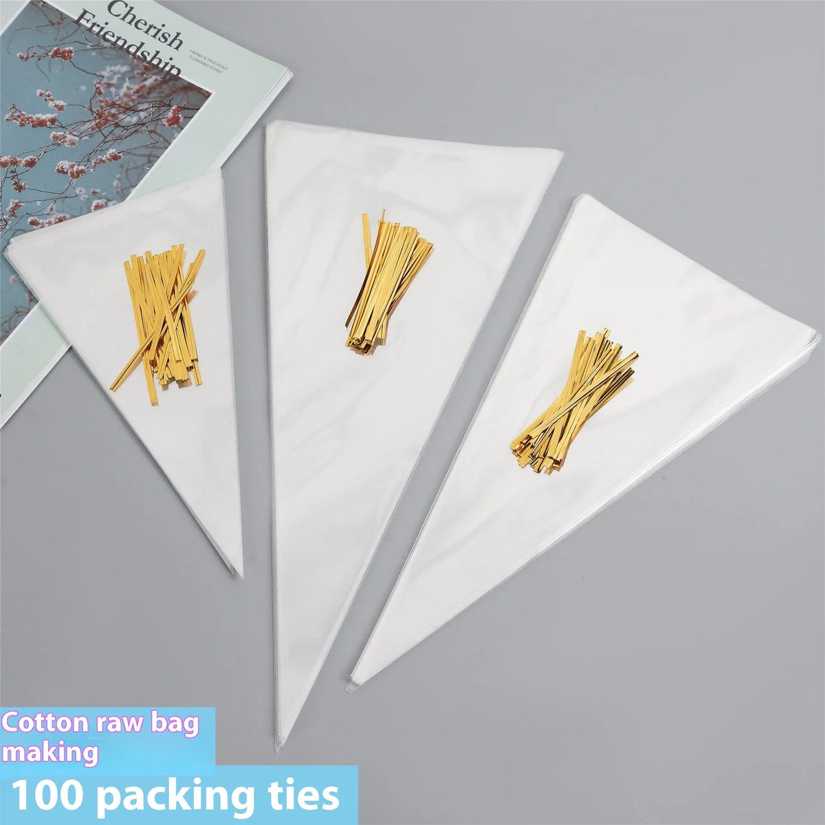 Clear triangular plastic gift bags with visible tie wire closure in three different size options