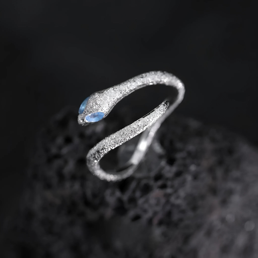 Adjustable silver snake ring for women with electroplated platinum colour finish.