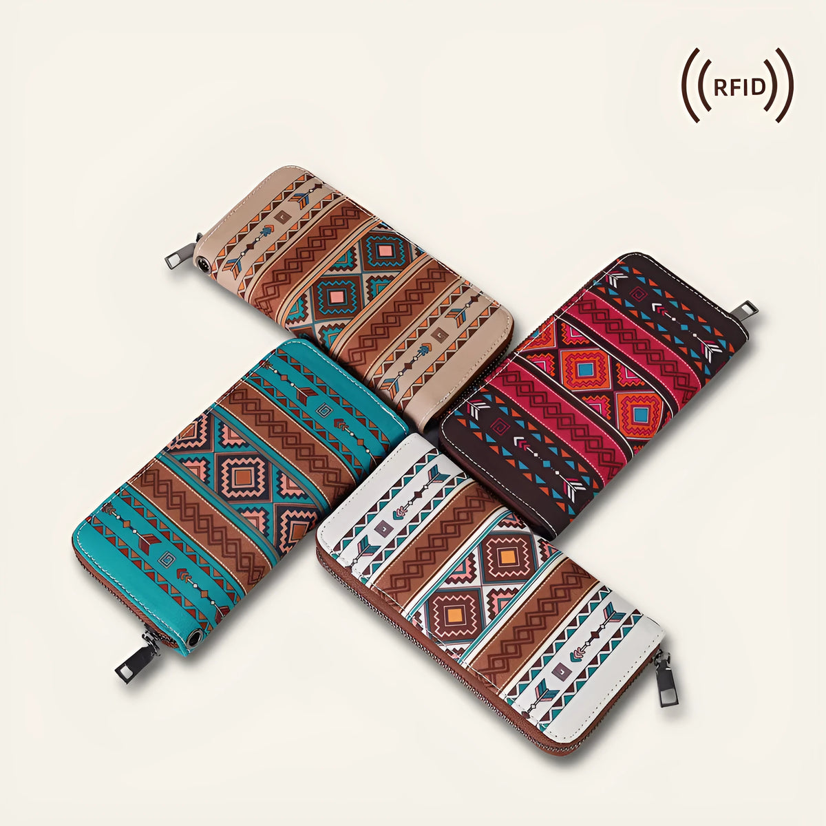 Bohemian canvas RFID wallet with wind belt closure in striped pattern