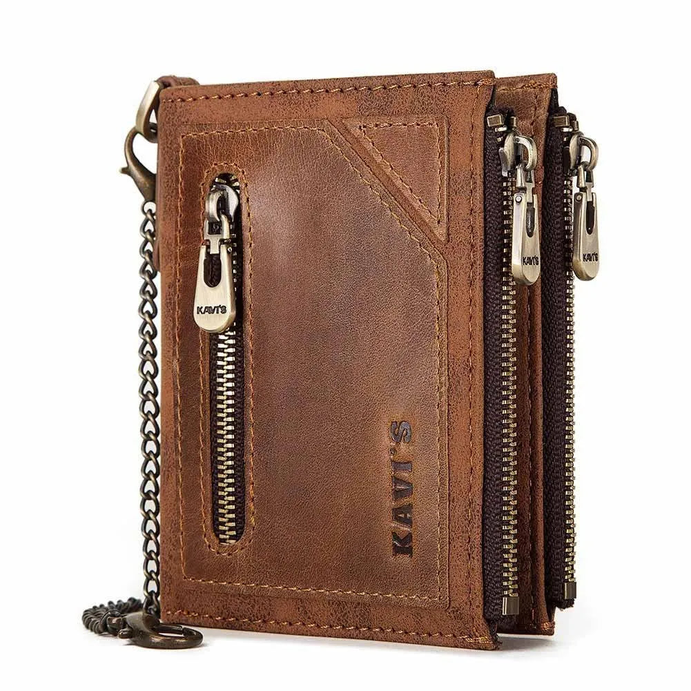 Dark brown men's leather wallet with chain detail and RFID anti-theft protection