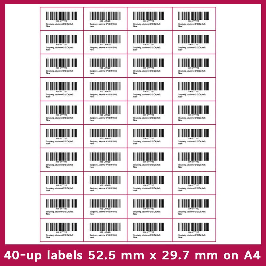 Pack of blank white A4 FBA barcode label paper sheets showing different grid size options.