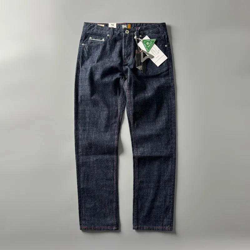 Men's straight leg denim trousers in primary colour, showing front view of the American retro style and mid-waist fit.